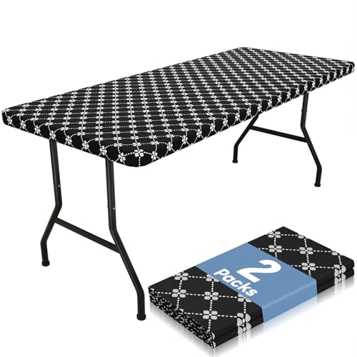 misaya 2 Pack Rectangle Vinyl Table Cloth, Elastic Fitted Tablecloth with Flannel Backing, Waterproof Plastic Table Cover Fits 6 Foot Folding Tables for Picnic, Camping and Outdoor (Black, 30" x 72")