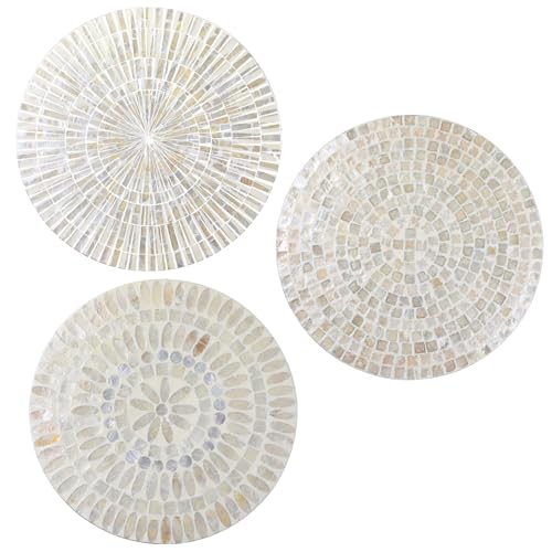 Tioncy 3 Pcs 11.8 Inches Mother of Pearl Shell Plate Coastal Wall Art Mosaic Wall Sculpture Shell Handmade Hanging Plates Arts for Halloween Christmas Bedroom Bathroom Home Office Hotel(White)