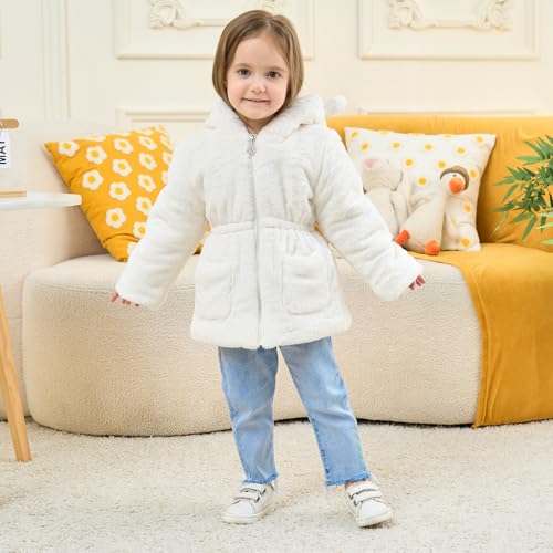 Mallimoda Girls Winter Warm Coats Ear Hooded Faux Fur Fleece Jacket White 3-4 Years