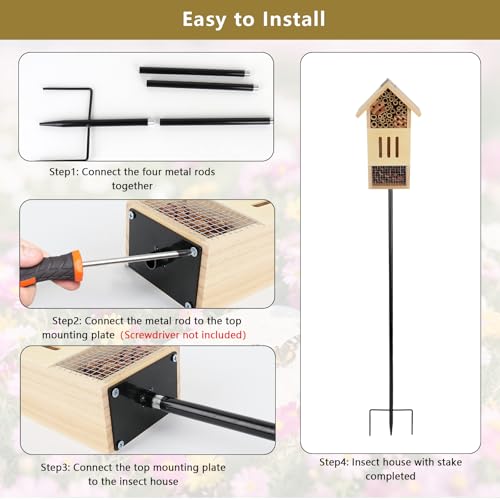 image for Lettry Wooden Insect House, Bee House with Metal Stake for Garden, Nat
