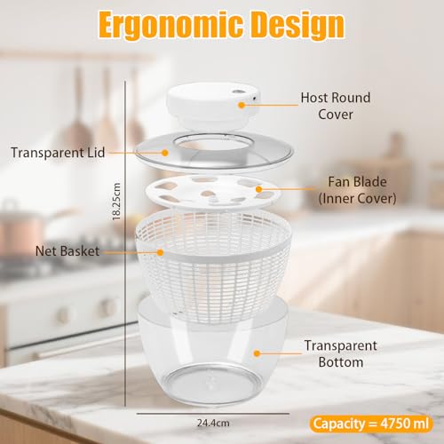 Electric Salad Spinner, 6L Large Capacity Lettuce Spinner Fruit Vegetable Washer Dryer with Washing Basket and Serving Bowl, Small Salad Spinner for Home Kitchen - Image 7