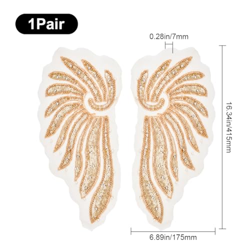 CABODYALS 2Pcs 2 Styles Angel Wings Applique 3D Gold Sequin Lace Appliques Rhinestone Pearl Beaded Large Embroidered Sew on Tulle Patches for Sewing Making Crafts Clothes Bag Dresses Supply - Image 2