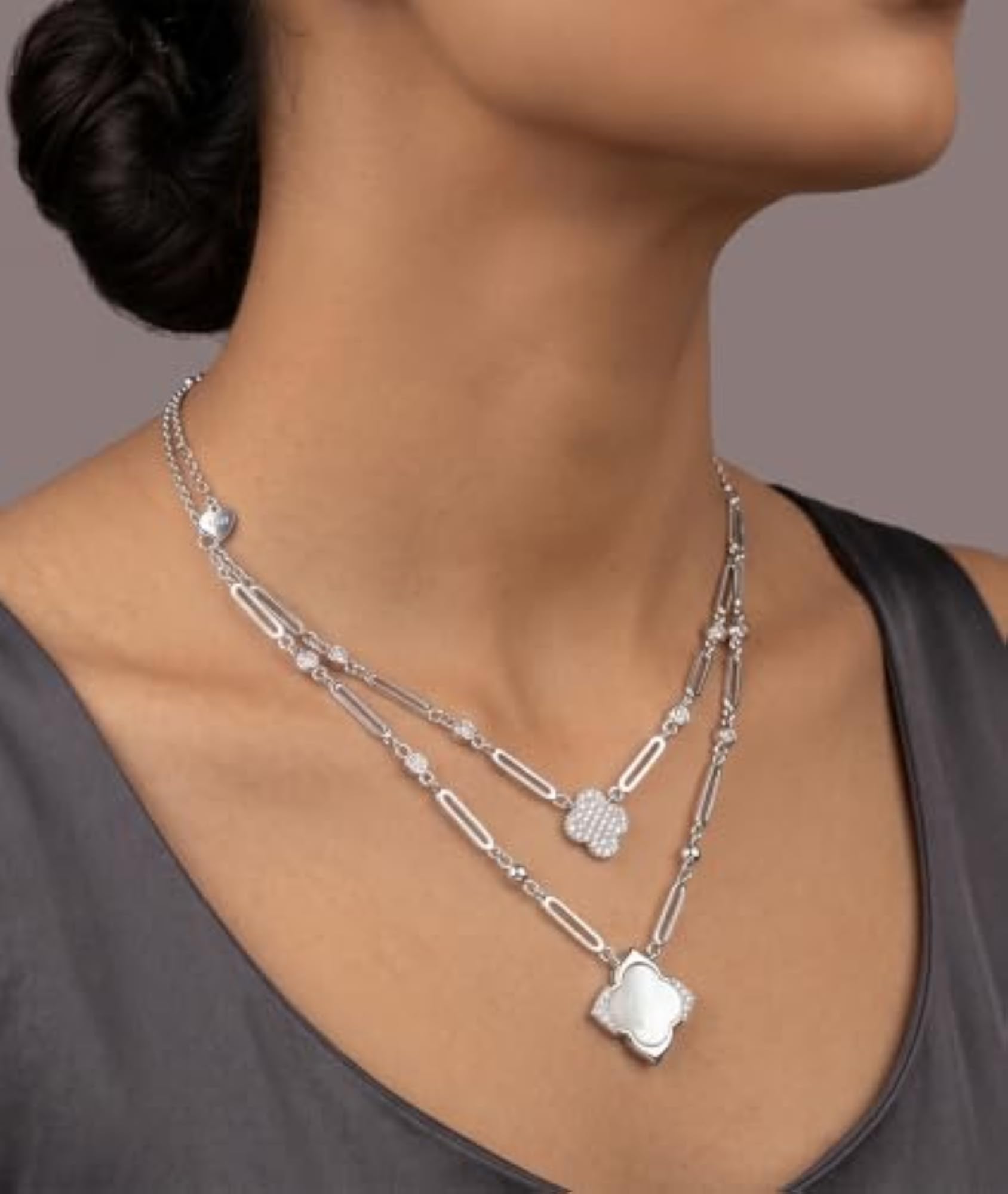 Women's Sterling Silver 925 Double Layer Clover Pendant Necklace