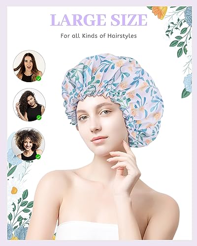 Aquior Shower Caps, Double Layer Waterproof Shower Cap for Women, Reusable Large Shower Cap for all Hair Lengths with EVA Lining, Soft Bath Shower Caps