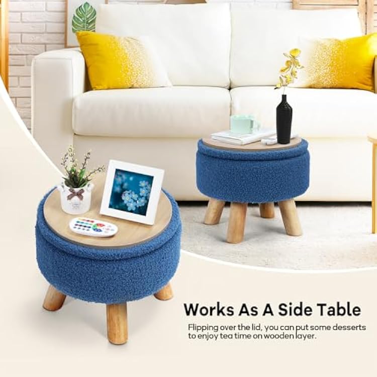 OGEMXU Ottoman Foot Rest, Small Round Ottoman with Storage, Boucle Teddy Velvet Footstool with Wood Legs, Soft Sponge Storage Ottoman for Living Room, Bedroom, Couch, Enterway (Dark Blue)