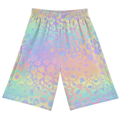 Leopard Print Cheetah Rainbow Gradient Youth Athletic Shorts for Boys and Girls Size 11-12 Years