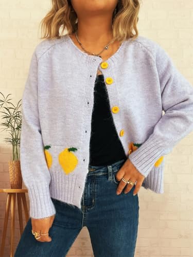 Cardigan Sweaters for Women Crewneck Cute Lemon Embroidery Button Down Casual Loose Knit Cardigan Coat2