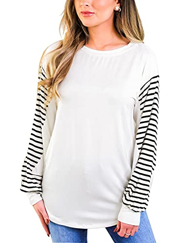 Blooming Jelly Womens Crewneck Sweatshirt Long Sleeve Striped Color Block Comfy Casual Tops（Xl,White） #TOP13