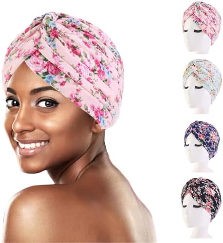 Turbans for Women African Bonnets Beanie Cap Silk Sleep Hat Head Wraps Fashion Print Chemo Headwrap 4 pcs