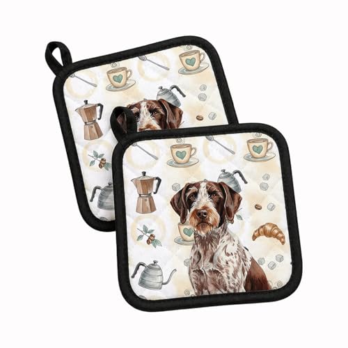 Caroline's Treasures Roan German Wirehaired Pointer Coffee Bar Pair of Pot Holders Pair 7.5x7.5 Quilted Insulated Hot Pads Decorative Kitchen Gift Made in USA