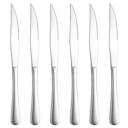 Image of Berglander Steak Knives Set of 6, Stainless Steel Steel Steak Knife Set Sharp Serrated Kitchen Knives with Ergonomic Handle, Dinner Table Knives for Cutting Meat, Mirror Polished & Dishwasher Safe