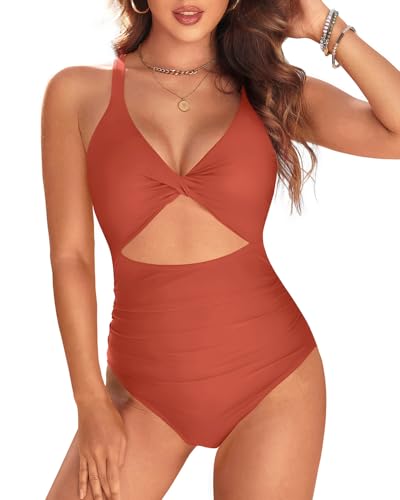 Image of Tempt Me Women One Piece Swimsuits Tummy Control Cutout Bathing Suits Ruched V Neck Twist Front Swimwear