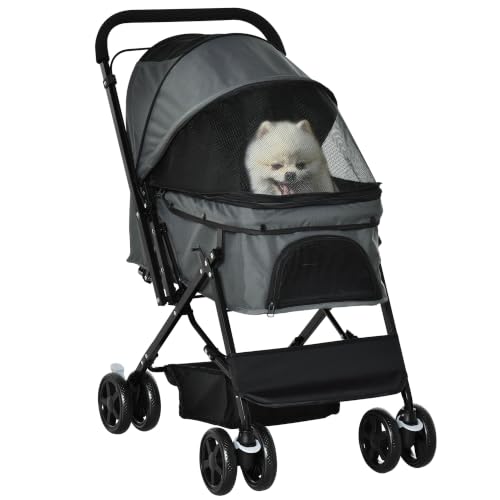 Image of PawHut Dog Stroller, Pet Stroller, Foldable Dog Cat Travel Pushchair with Reversible Handle, EVA Wheels, Brake, Basket, Adjustable Canopy, Safety Leash, for Small Dogs, Grey