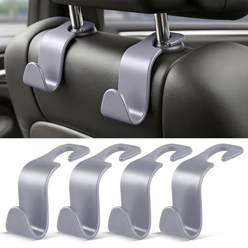 Image of SINGARO 4 Pack Car Seat Headrest Hooks, Vehicle Back Seat Hanger Storage Organizer for Purse Handbag Backpack Coat Grocery, 360 Rotating Heavy Duty Holds 44lbs, Gray