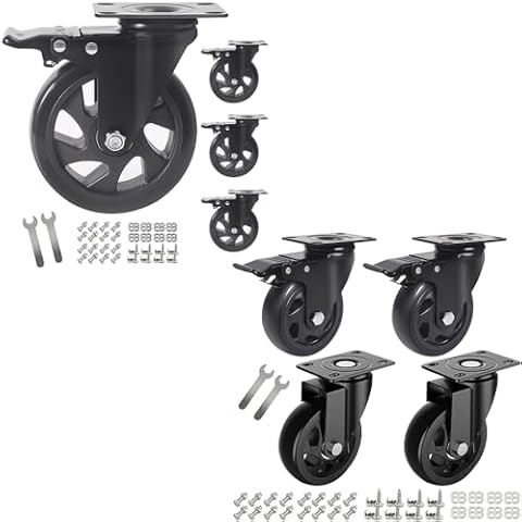 5 Inch Swivel Caster Wheels Set of 4 and 4 inch Heavy Duty Casters with Brake, Polyurethane Locking Casters for Cart, Workbench and Trolley(Two Hardware Kits) Cover