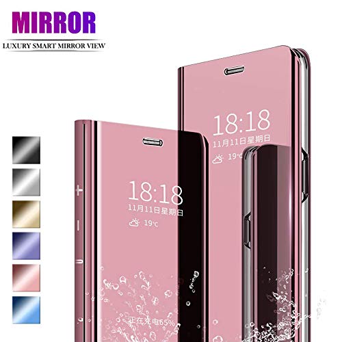 ANWEN Para Xiaomi Redmi Note 8 Funda,Translúcido Espejo Standing Cover Slim Fit Anti-Shock Anti-Rasguño Mirror 360°Protectora Flip Funda para Xiaomi Redmi Note 8-Oro Rosa