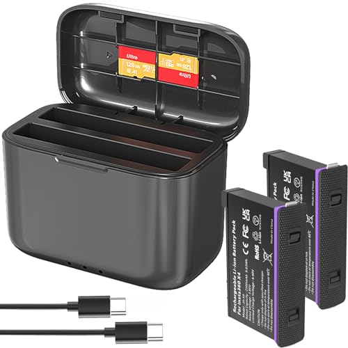 VOLOHAS Dual-Akkuladegerät + 2 Akkus für Insta360 X4 Kamera Hochgeschwindigkeits-Ladegerät Akku-Zubehör Akku-Aufbewahrungstasche mit USB-Typ-C-Kabel Unterstützt das Schnellladeprotokoll PD3.0/PD2.0