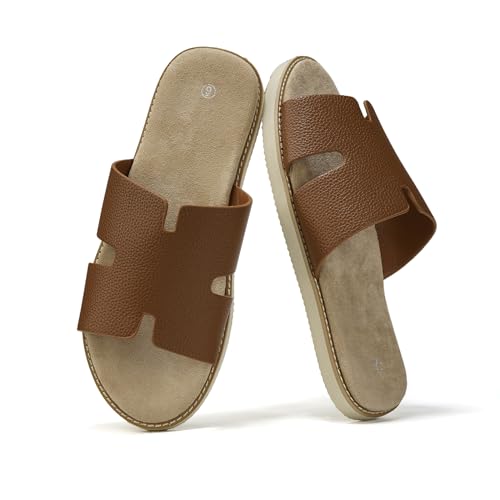 SoleilSandal Summer Men Sandals for Leather, Comfortable Flats with Memory Foam Insole, EVA Outsole Non-Slip Casual Fashion H-Slides zjc-53-Coffee-12-45