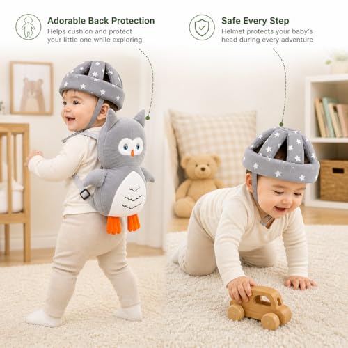 Image of GLUN Baby Back Protector with Head Protective Hat Combo Set, Cute Owl Shape Soft Cushioning, Adjustable Shoulder Belt, Head Protection Gear for 6-18 Month Toddler Kids