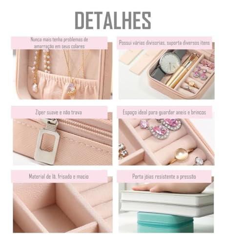 Porta Jóias de Couro com Forro de Veludo: Estojo Compacto e Resistente com Zíper para Viagem e Organ