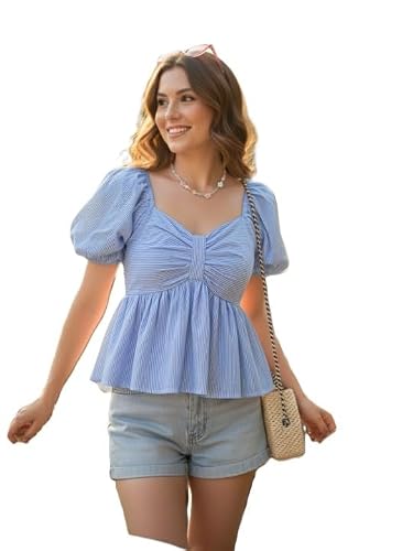 Peplum Top, Blue and White Striped, Cotton Blend, Puff Sleeves with Ruched Sweetheart Neckline (in, Alpha, S