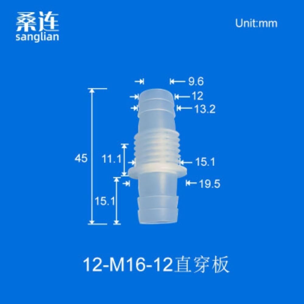 100 /pk Plastic Reducing Bulkhead Union Fitting with Barb 5.6-12mm Options (12-M16-12)