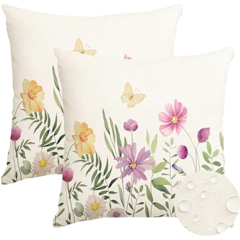 RABUSOFA Spring Outdoor Pillow Covers 18x18 Set of 2,Flowers Decorative Outdoor Waterproof Spring Summer Throw Pillows Decorations Cover