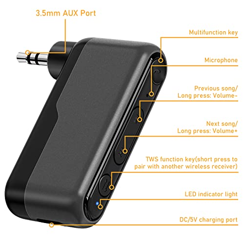 Bluetooth Receiver For Car - 3.5Mm Aux Bluetooth 5.3 Audio Receiver With True Wireless Stereo (Tws), Supports Hands-Free Call Siri, Wireless Audio Adapter For Home Stereo/Car/Vintage Speaker/Headphone #TOP1
