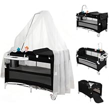 3-in-1 Convertible Baby Cot, Bedside Sleeper, Pack and Play, with Mosquito Net, Reversible Changing Table, Storage Basket, and Toy Rack Black