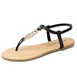 SANDALUP Flat Sandals for Women Thong Style Inlaid with Ring Meta Black-Silver 08.5