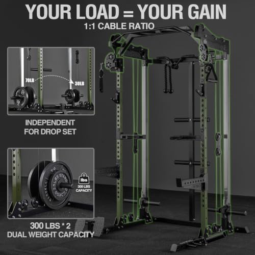 Image of Mikolo HR06 Power Cage with Aluminum Pulleys, 2000LB Power Rack with Independent Dual Pulley System, Multi-Function Home Gym Workout Machine for Cable Crossover