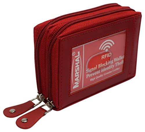 MARSHAL Genuine Leather Credit Card Holder Wallet Accordion Double Zipper with Id window (Red)