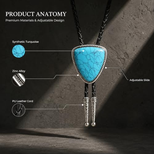 Image of Turquoise Bolo Tie for Men, Leather Braided Necktie Western Cowboy Bola Tie Costume Accessories for Men Women