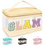 Chenille Letter Clear Makeup Bags Glam Pouch, Preppy Patch Makeup Bag Zipper with Handle, Transparent PVC & Nylon Waterproof Glitter Cosmetic Handbag Travel Toiletry Storage for Women Girl(GLAM-Beige)