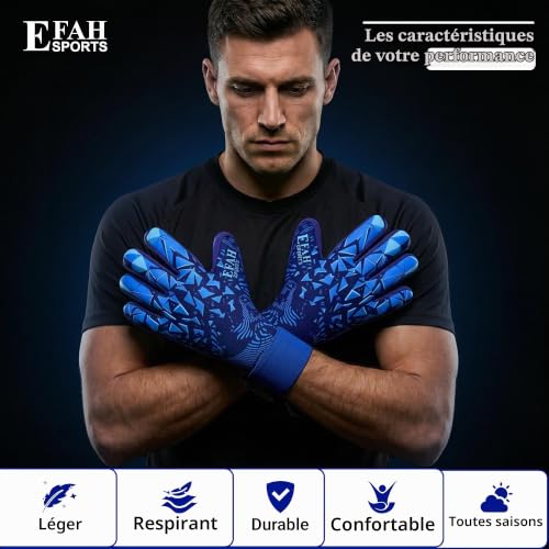 EFAH SPORTS Gants de Gardien de But Enfants, garçons, Jeunes, avec Paumes de Protection et Forte adhérence pour entraînement Professionnel (Blue, Size 4 Suitable for 6 to 9 Years Old, Ambidextre) – vue 4