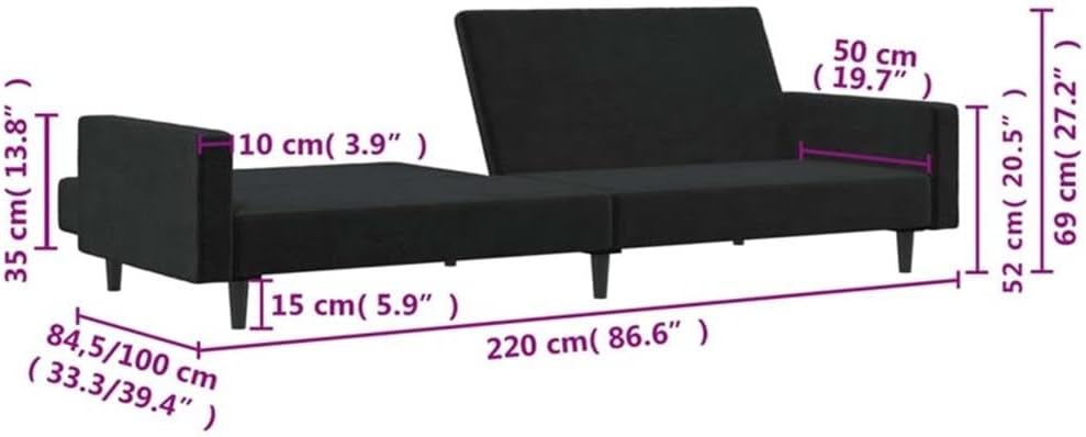 BOWERY HILL Contemporary Velvet Sofa Bed, Black Matte Finish, Medium 2-Seater Sleeper, Adjustable Armrests, Space-Efficient Design for Living Room or Guest Room, 33.3 x 86.6 x 27.2 in