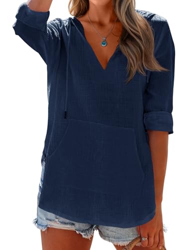 Camisa de playa Ebifin azul marino holgada con capucha protectora y cuello en V 3