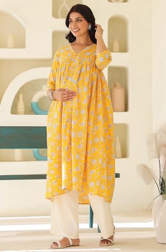 Image of Janasya Women's Pure Cotton Relaxed Fit A Line Floral Printed A-Line Maternity Kurta