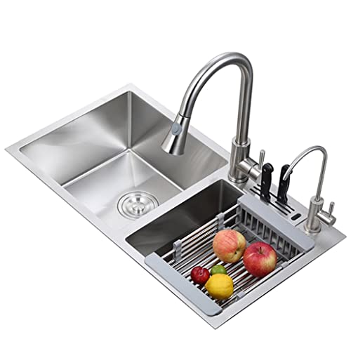 XUTNZA Fregaderos de Cocina, Fregadero de Cocina con preparación de Barra, con Grifo extraíble, Lavabo Profundo de Doble Seno, instalación empotrada para Montaje en Orden/Plata/82 * 45 cm