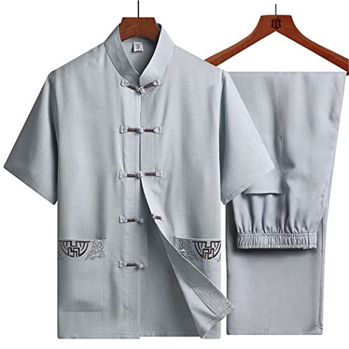 Traditional Chinese Clothing Set For Men, Adult Tai Chi Kung Fu Uniforms Linen Short Sleeve Embroidery Chinese Costumes #TOP1