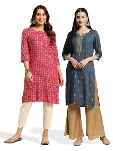 Image of rangita Women's Rayon Regular Fit Straight Kurti | Kurta (Pack of 2)