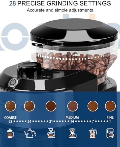 Lonkion Burr Coffee Grinder Electric - Adjustable Burr Grinder with 28 Precise Grind Settings for 12 Cups - Coffee Grinders for Home Use - Professional Coffee Bean Grinder - Stainless Steel - 1