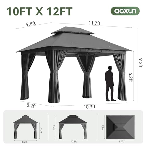 image for Aoxun 12'x10' Outdoor Gazebo, 50mm Heavy-Duty Steel Frame Double Roof 