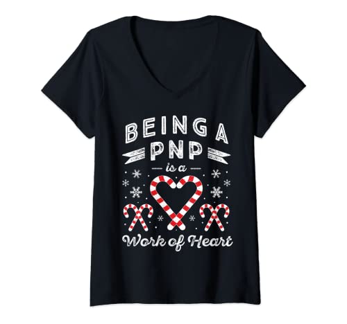 Womens Christmas Candy Cane Heart PNP Pediatric Nurse Practitioner V-Neck T-Shirt
