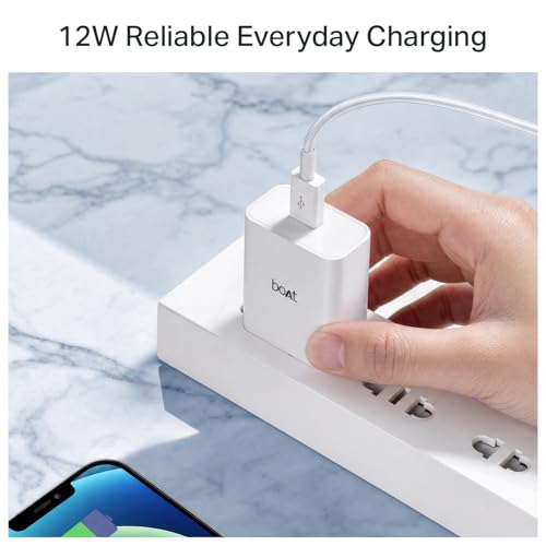 Image of boAt 12W Charger Adapter for Fast Charging, USB-A Port; Compact & Lightweight, Scratch Resistant, Smart IC Protection; Supports iPhone 17 /16 /15 /14 /Pro /Max; Samsung; Pixel; Android (Crystal White)