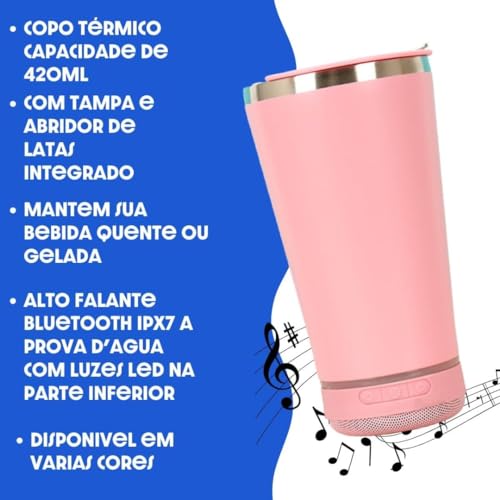 Copo Termico Inox 420ml com Alto Falante Bluetooth e Leds RGB Tampa Abridor Cerveja Rosa