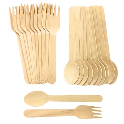 6.5 inches Disposable Wooden Cutlery, Set Spoons 50 and Forks 50 Pcs, Flatware For Camping Catering Picnic BBQ Party