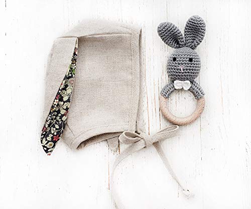 Baby Bunny Hat Bonnet Country Vintage Cotton Linen W/Velvet Rabbit Ears Easter Bonnet Hat (Oatmeal Floral, 12-18M) #TOP4