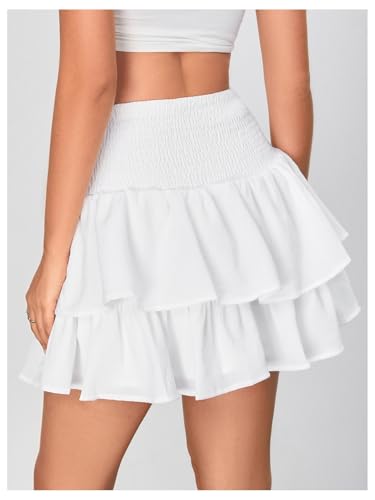 Women's Bow Front Mini Skirt High Shirred Waist Layered Ruffle Hem Short Cake Skirts4