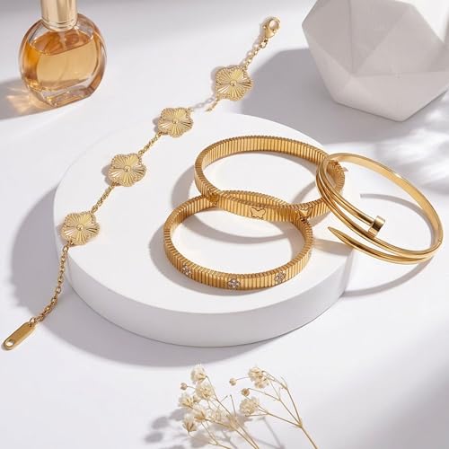 Stackable Gold Bracelets for Women - 4 Sets, 18K Gold Plated Bracelets, Stainless Steel Bangle Bracelets Non-Tarnish, Stylish Gold Jewelry Ensemble, Valentine's Day, Birthday and Christmas Jewelry Gifts — view 6